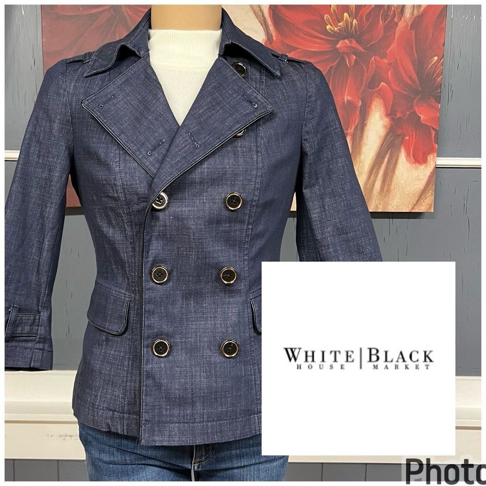 White House Black Market Womens Blazer Sz 2 Denim Stretch Jacket Double Breasted